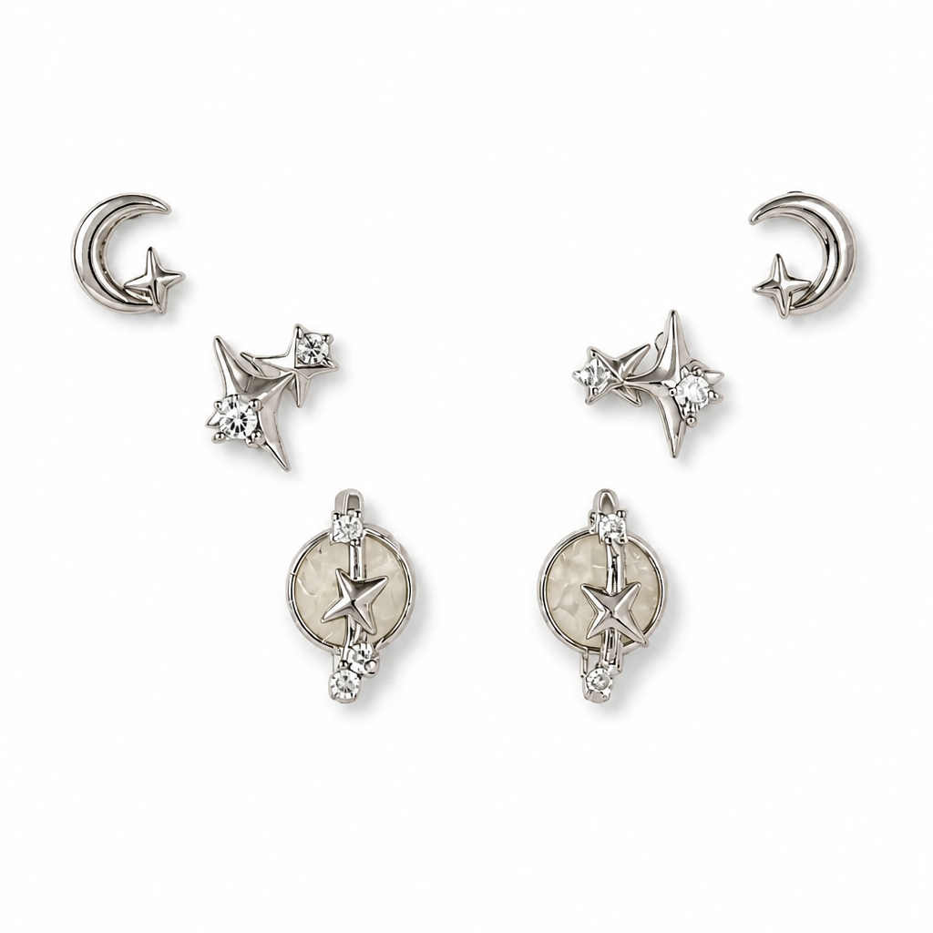 Celestial Star & Moon Earring Set, 3 Pairs