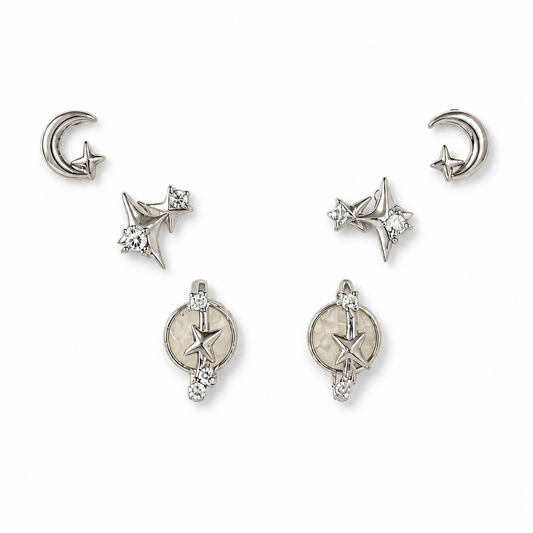 Celestial Star & Moon Earring Set, 3 Pairs
