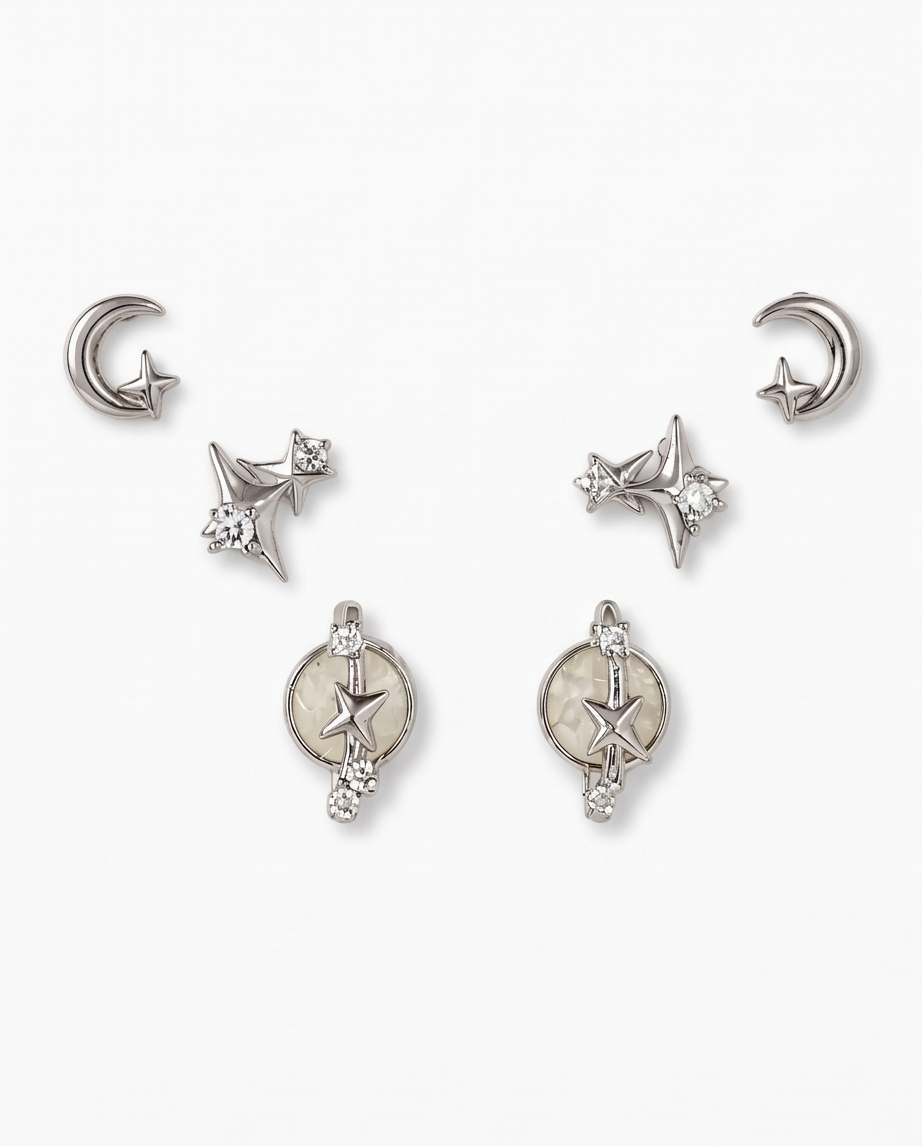 Celestial Star & Moon Earring Set, 3 Pairs