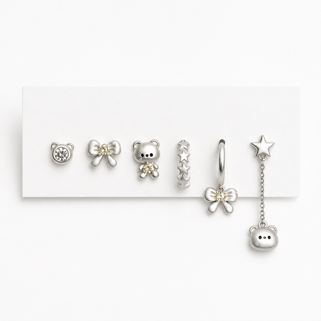 Teddy Bear & Bow Mismatched Earring Set, 6-Piece