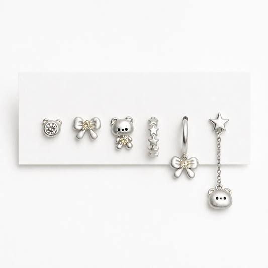 Teddy Bear & Bow Mismatched Earring Set, 6-Piece