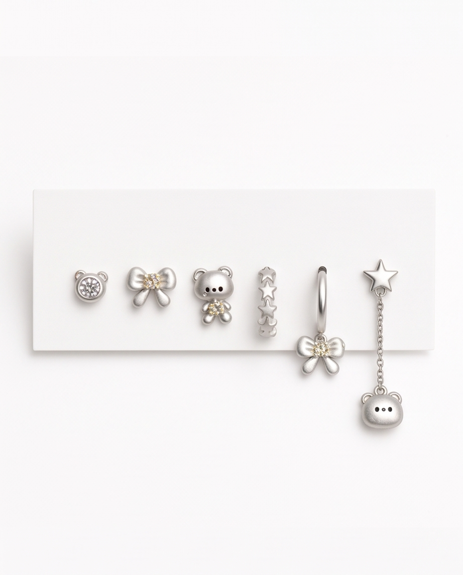 Teddy Bear & Bow Mismatched Earring Set, 6-Piece