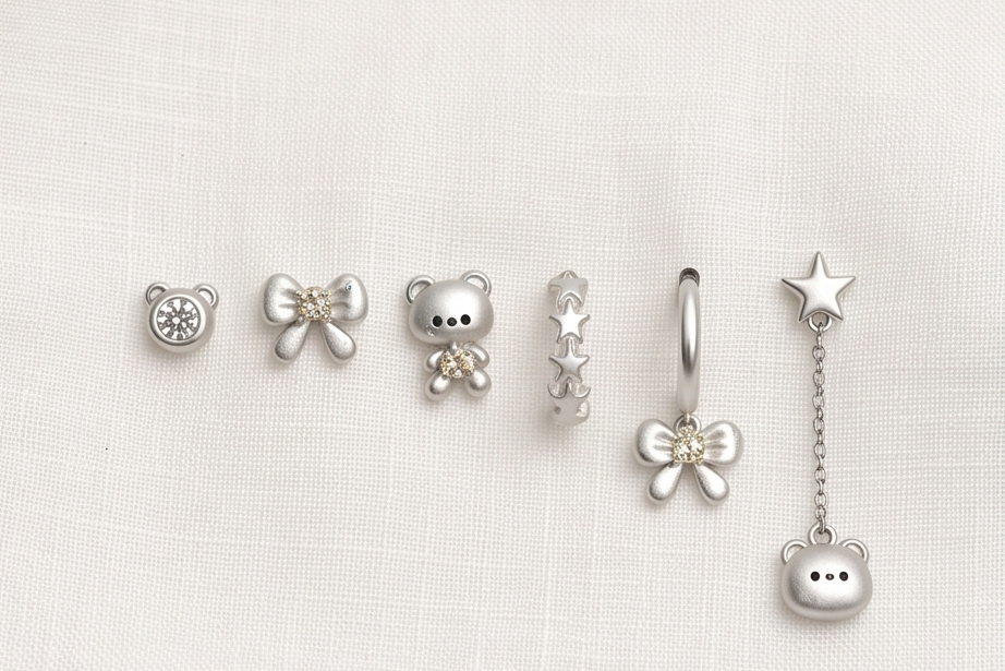 Teddy Bear & Bow Mismatched Earring Set, 6-Piece