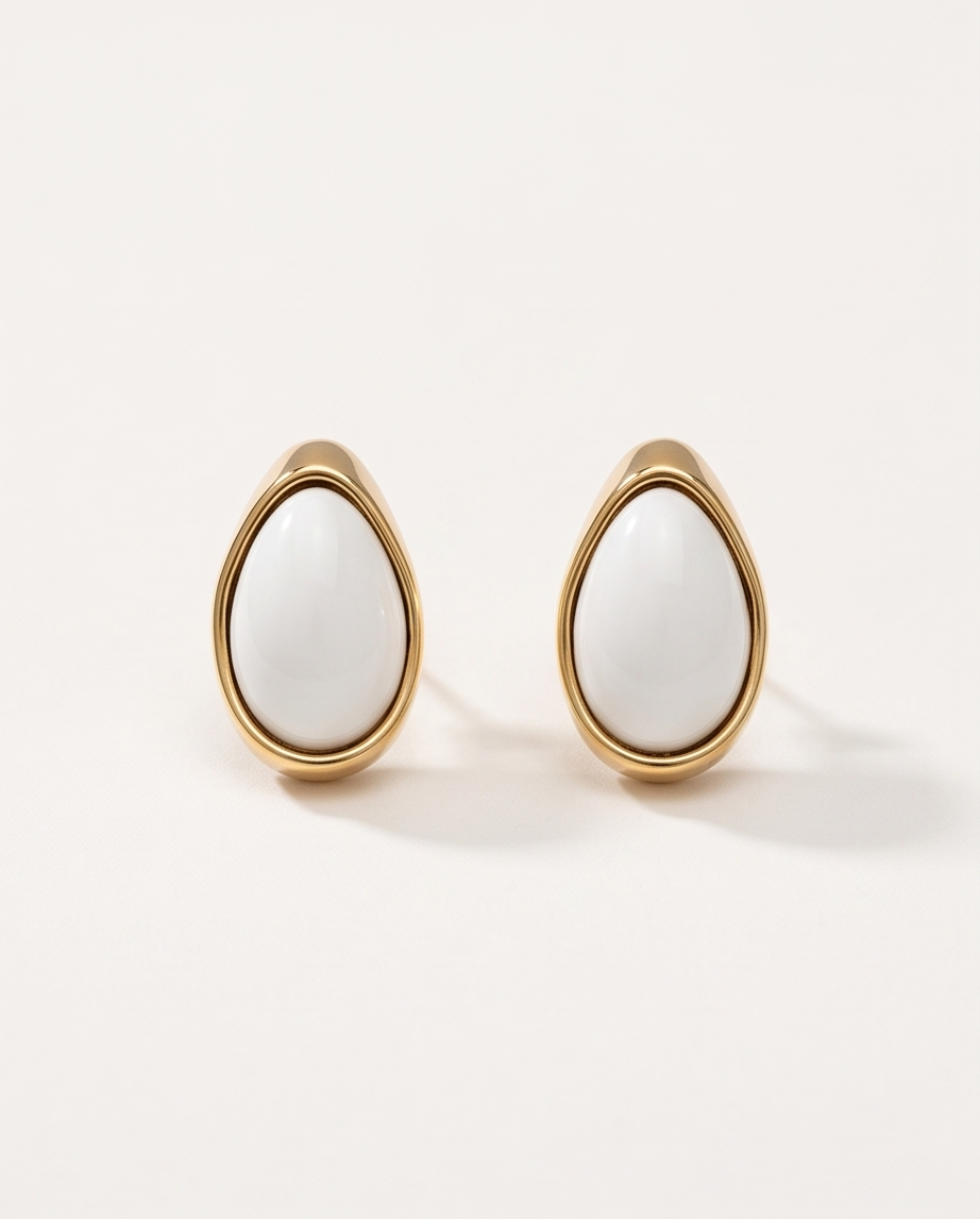Gold-Framed White Teardrop Stud Earrings