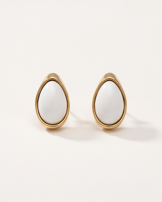 Gold-Framed White Teardrop Stud Earrings