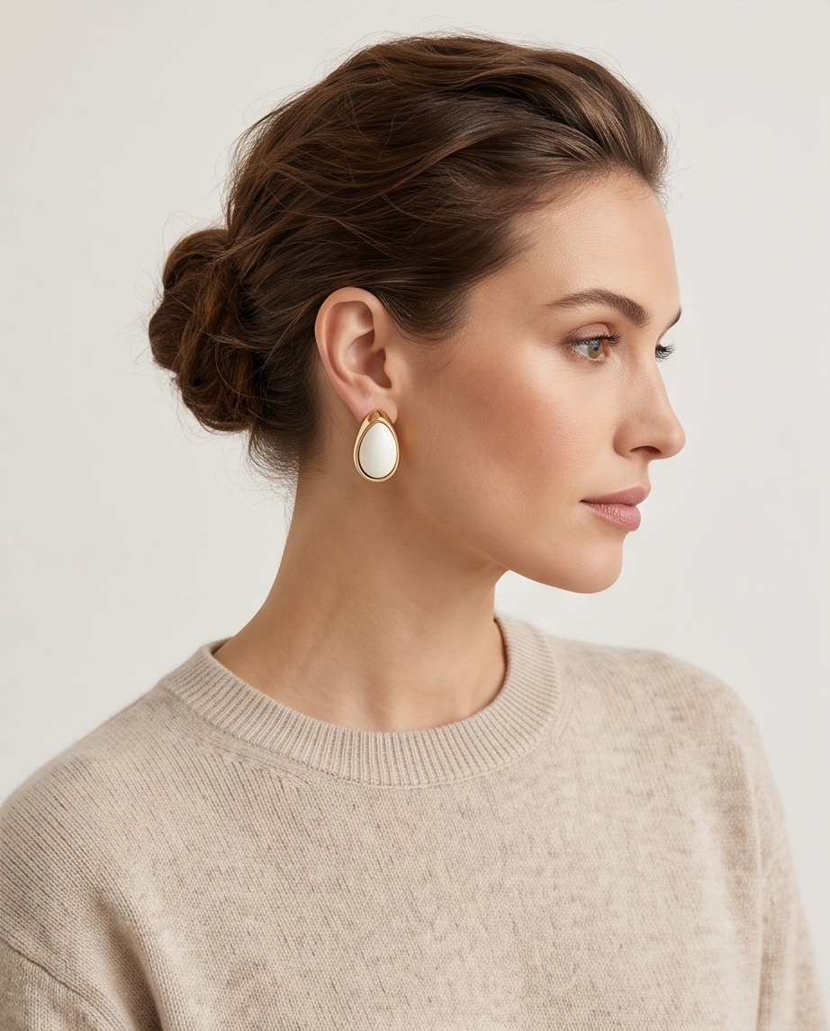 Gold-Framed White Teardrop Stud Earrings