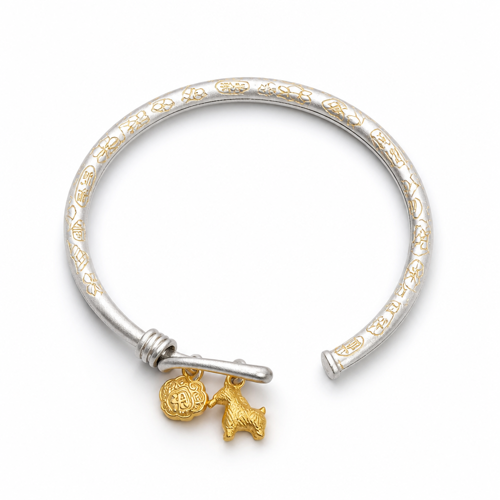 Two-Tone Silver Cuff Bracelet with Gold Horse