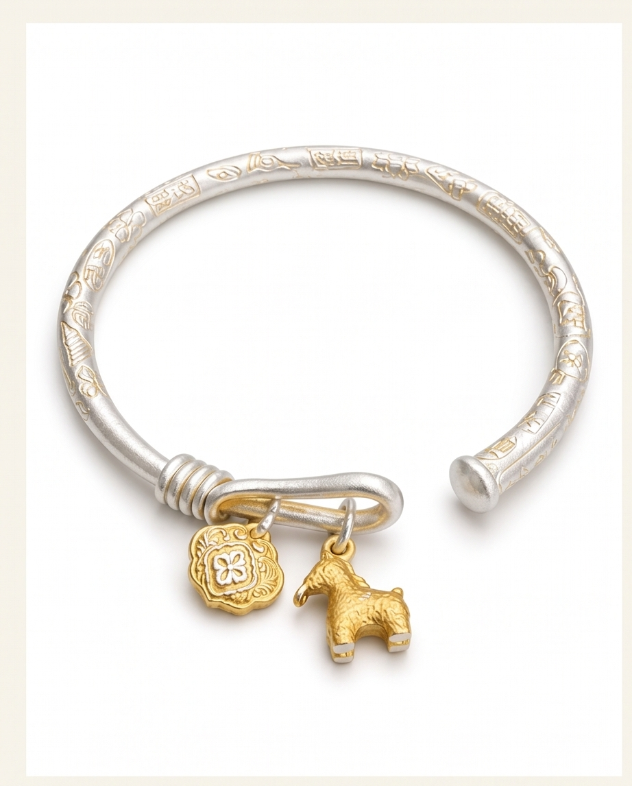 Two-Tone Silver Cuff Bracelet with Gold Horse