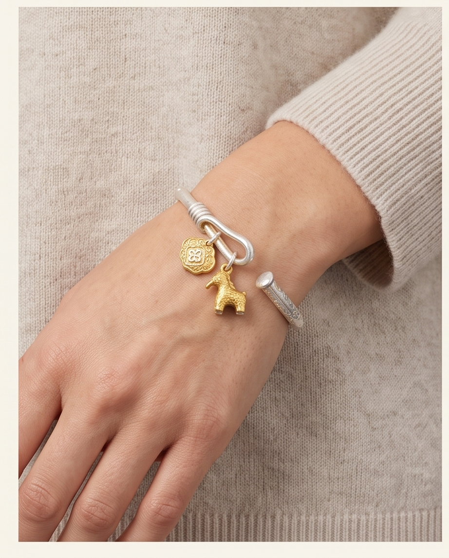 Two-Tone Silver Cuff Bracelet with Gold Horse