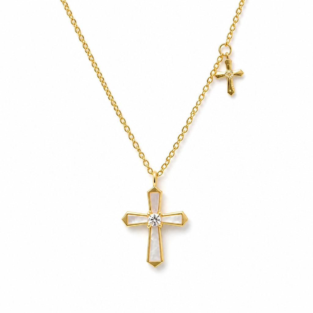 Gold Vermeil Mother-of-Pearl Cross Necklace with Mini Cross Charm