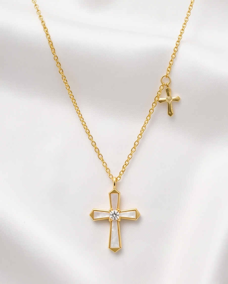 Gold Vermeil Mother-of-Pearl Cross Necklace with Mini Cross Charm