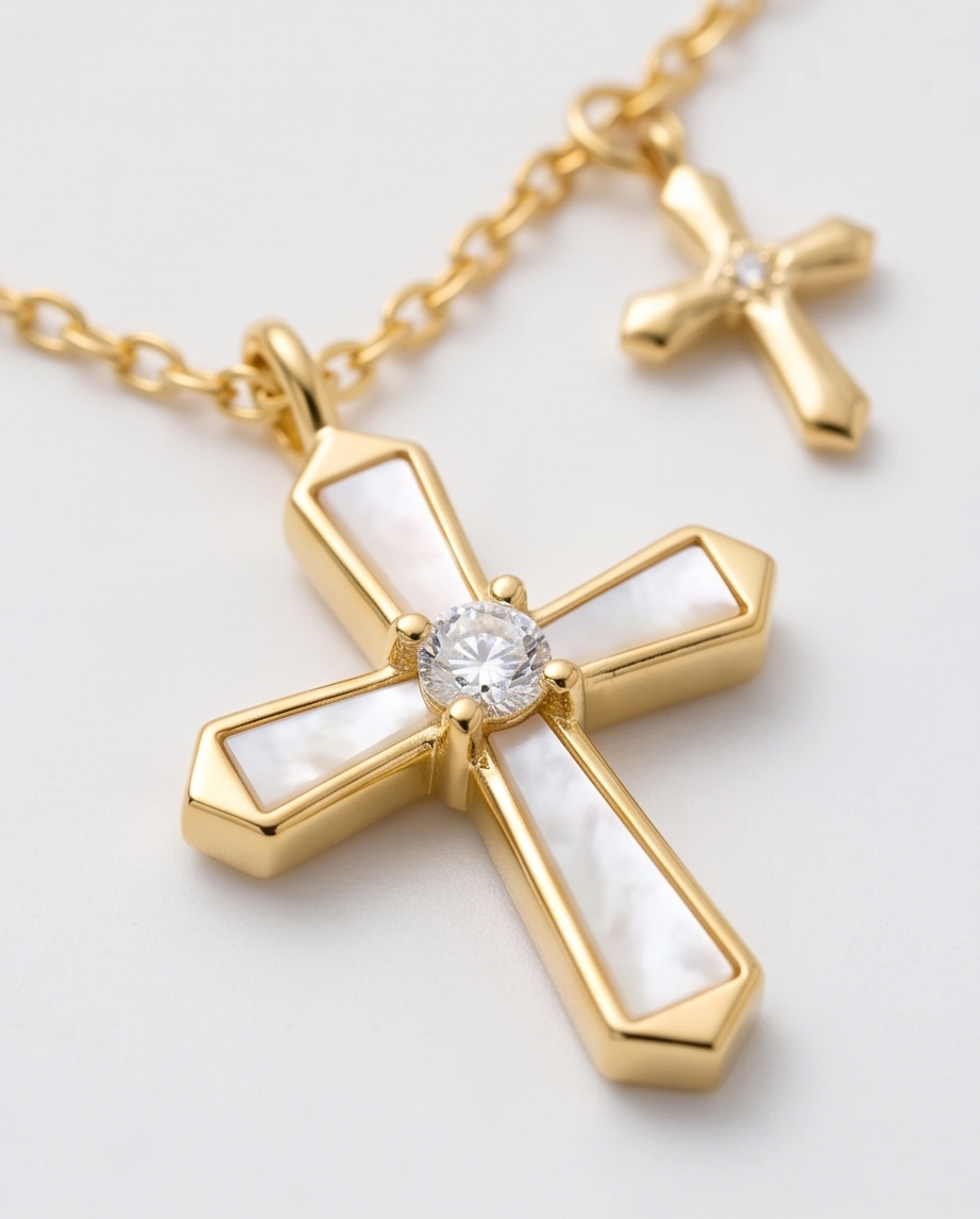 Gold Vermeil Mother-of-Pearl Cross Necklace with Mini Cross Charm