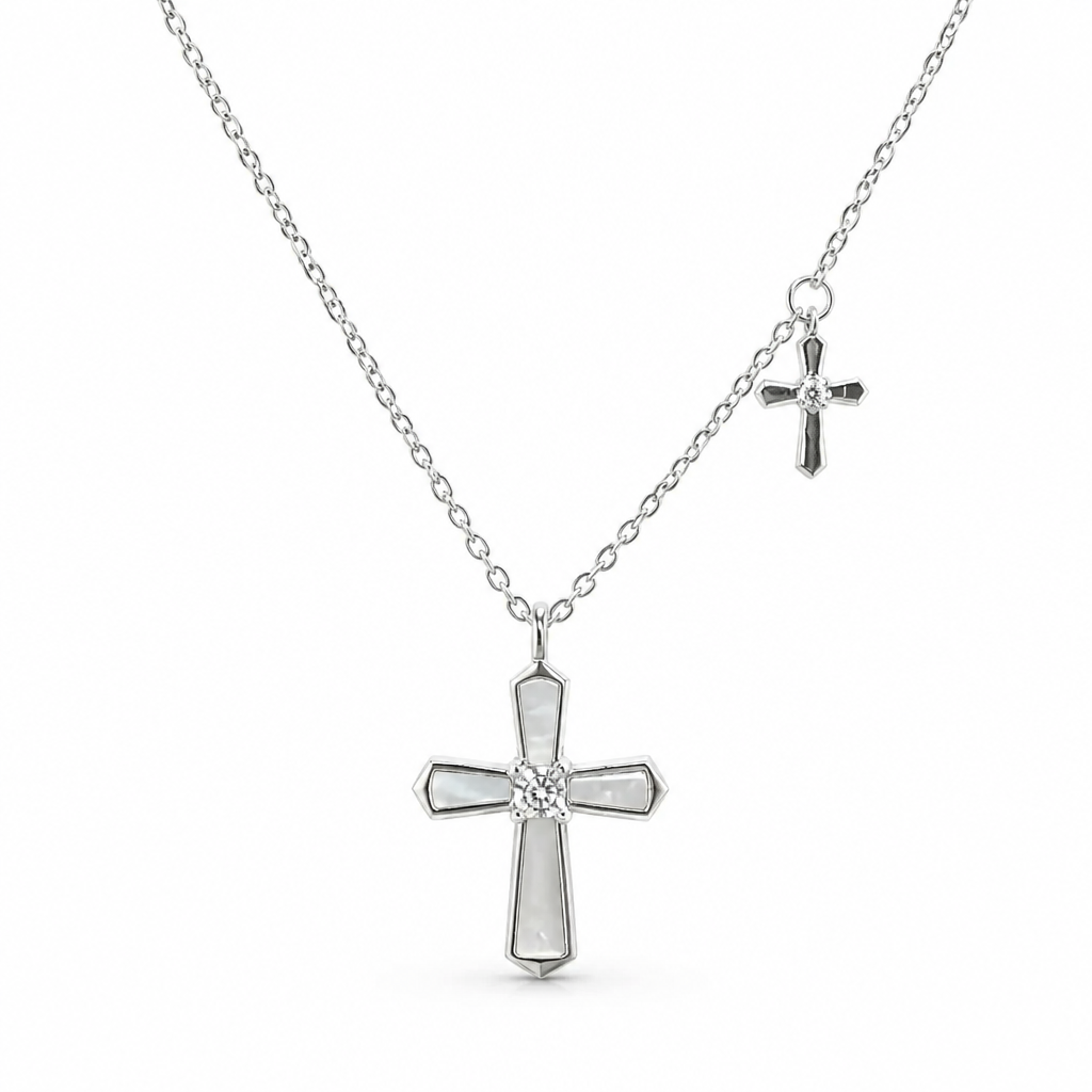 Sterling Silver Mother-of-Pearl Cross Necklace with Mini Cross Charm