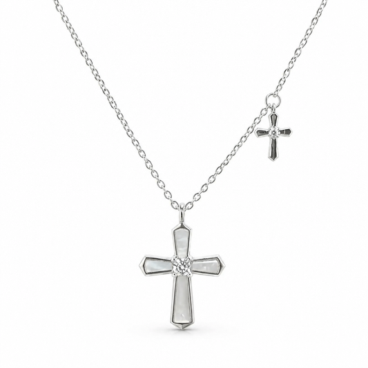 Sterling Silver Mother-of-Pearl Cross Necklace with Mini Cross Charm