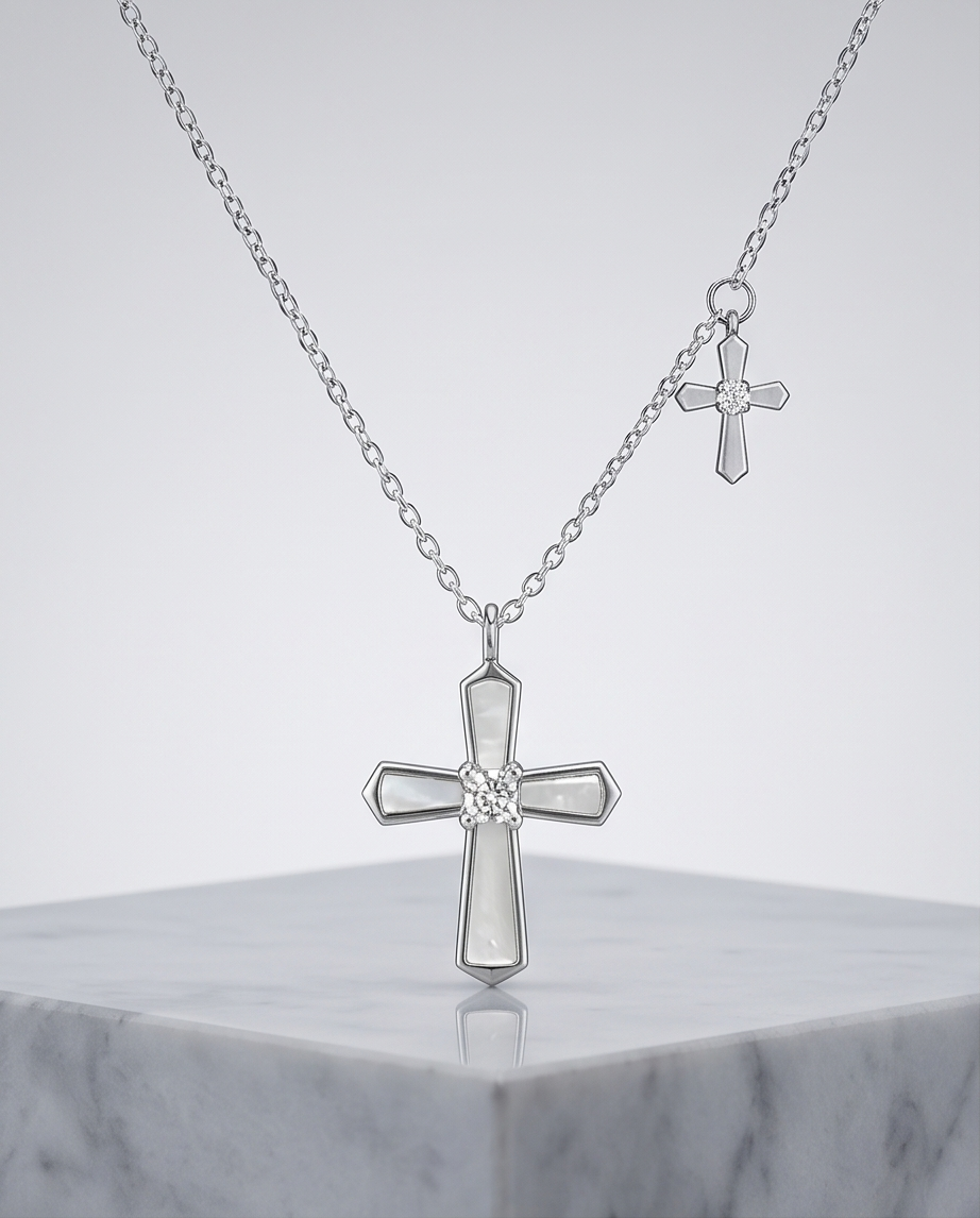 Sterling Silver Mother-of-Pearl Cross Necklace with Mini Cross Charm