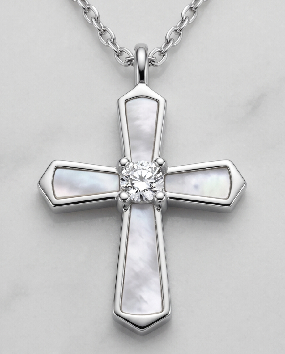 Sterling Silver Mother-of-Pearl Cross Necklace with Mini Cross Charm