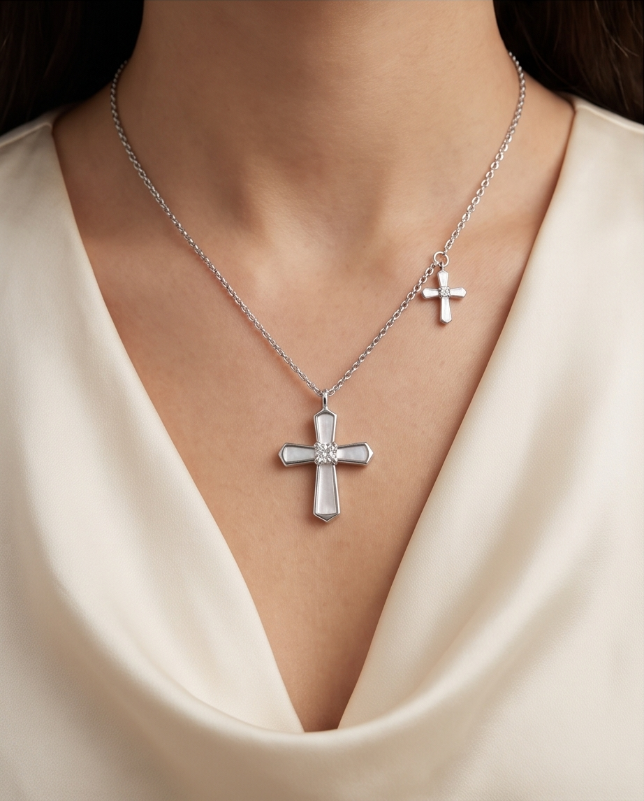 Sterling Silver Mother-of-Pearl Cross Necklace with Mini Cross Charm