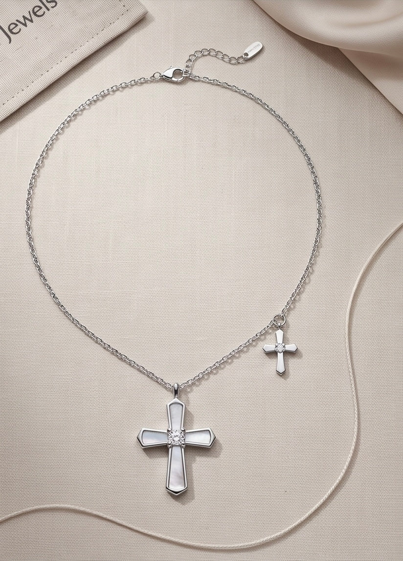 Sterling Silver Mother-of-Pearl Cross Necklace with Mini Cross Charm