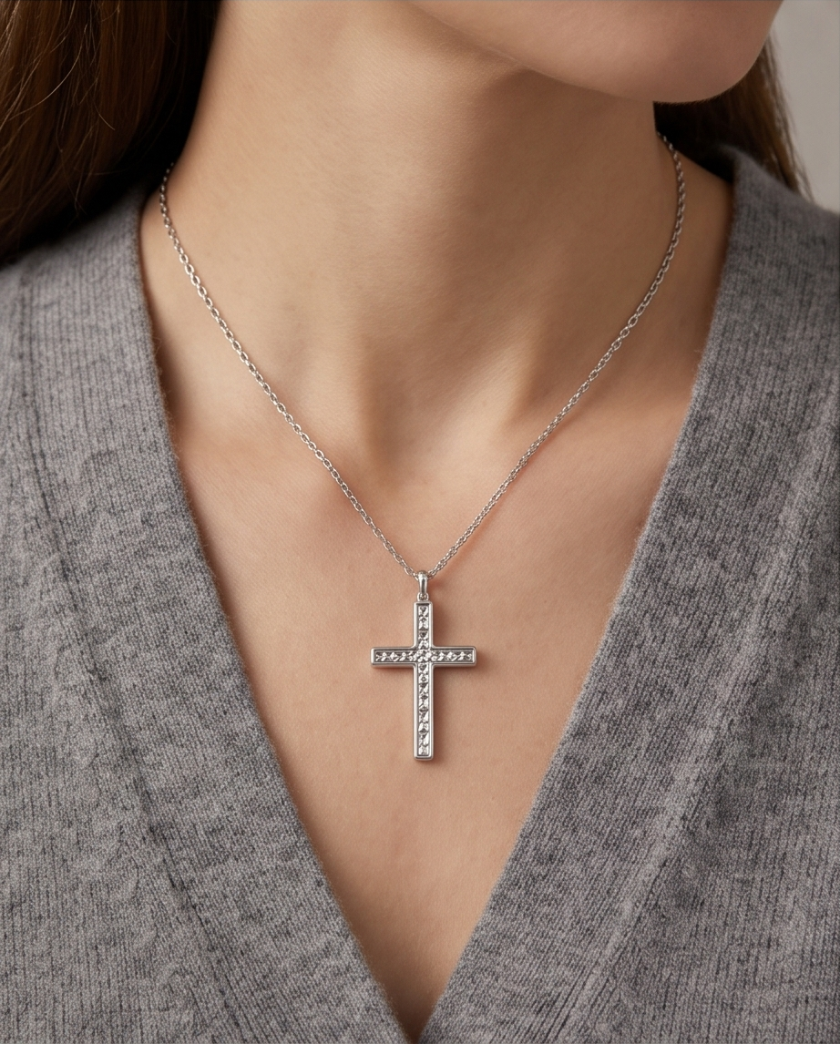 S925 Sterling Silver Diamond-Cut Cross Necklace