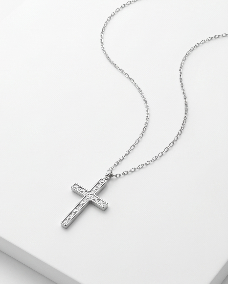 S925 Sterling Silver Diamond-Cut Cross Necklace
