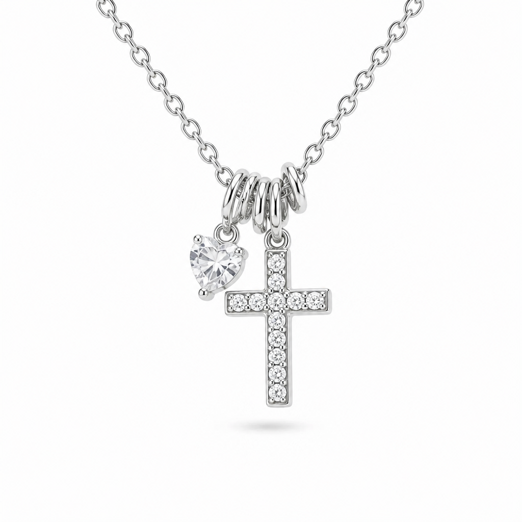 Sterling Silver Pavé Cross & Heart CZ Necklace