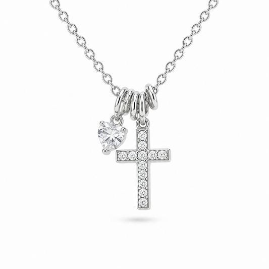 Sterling Silver Pavé Cross & Heart CZ Necklace
