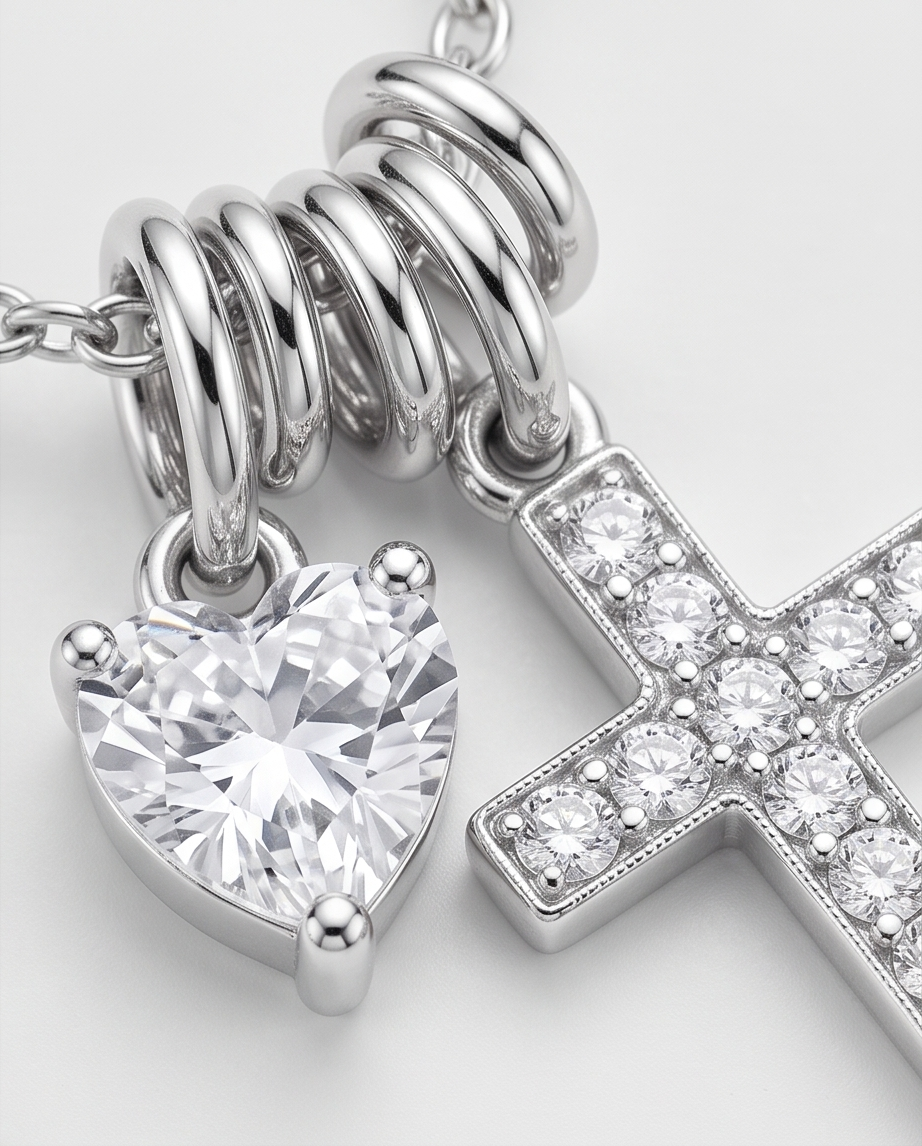 Sterling Silver Pavé Cross & Heart CZ Necklace