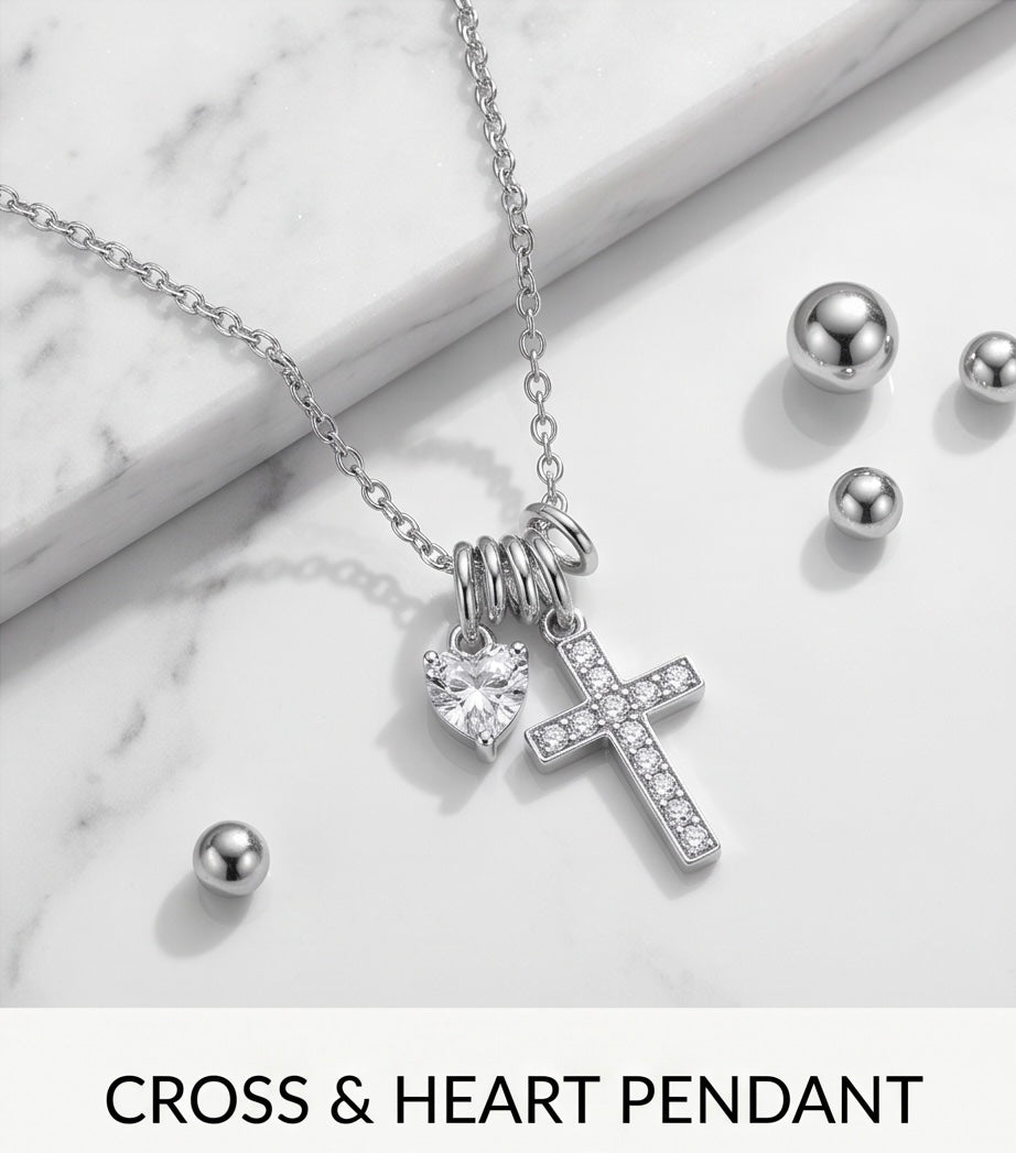 Sterling Silver Pavé Cross & Heart CZ Necklace