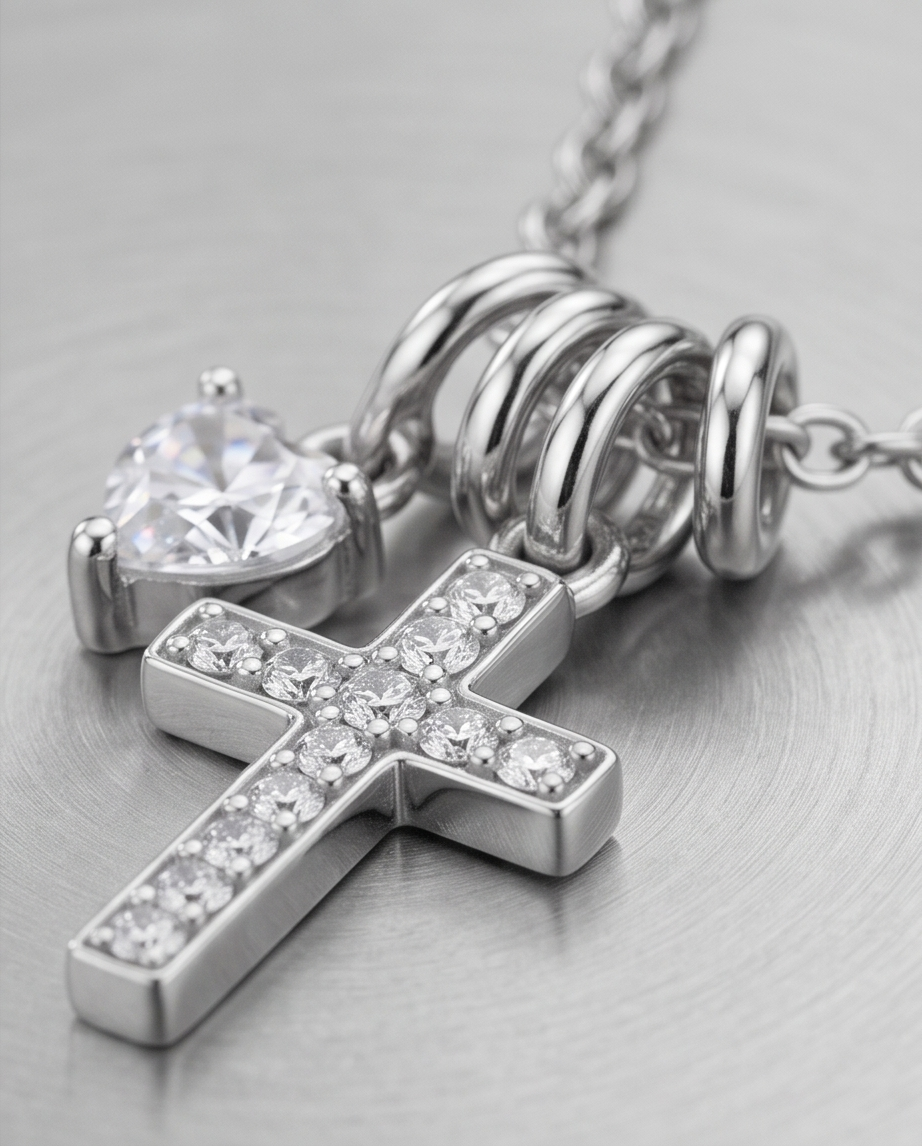 Sterling Silver Pavé Cross & Heart CZ Necklace