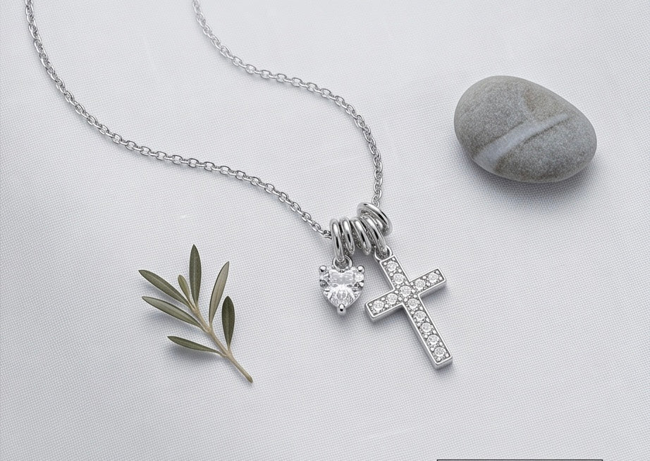 Sterling Silver Pavé Cross & Heart CZ Necklace