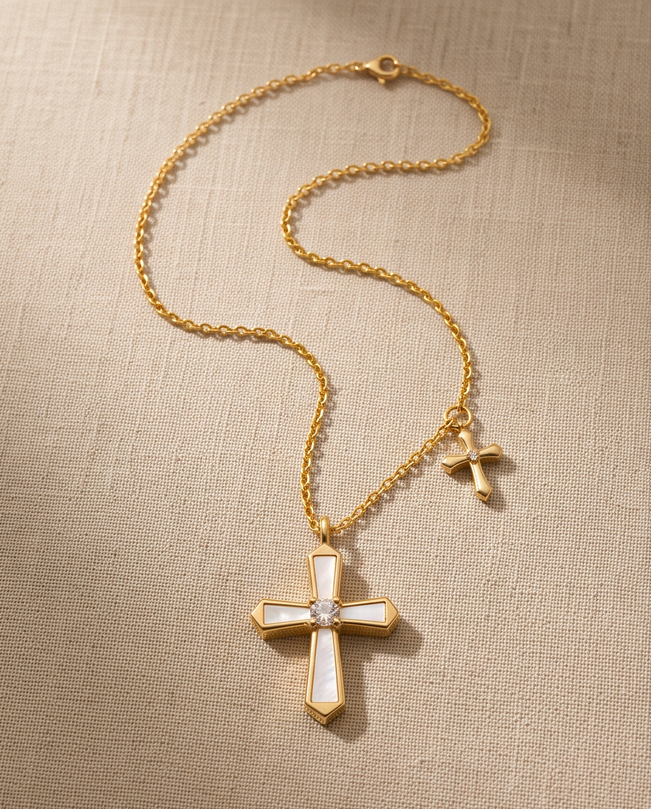 Gold Vermeil Mother-of-Pearl Cross Necklace with Mini Cross Charm