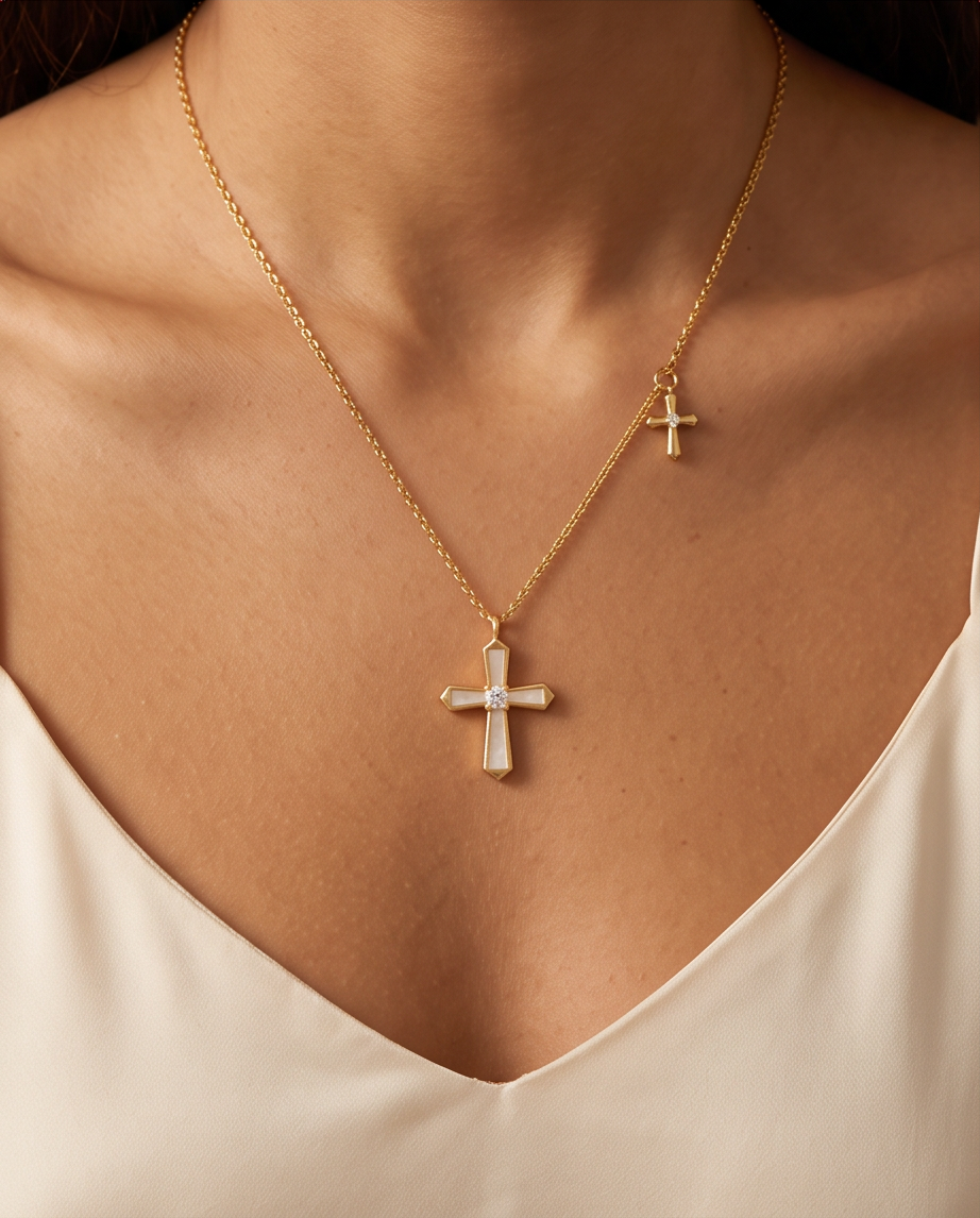 Gold Vermeil Mother-of-Pearl Cross Necklace with Mini Cross Charm