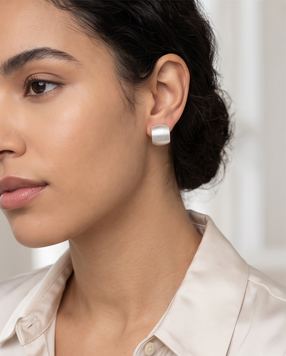 Brushed Silver Barrel Stud Earrings